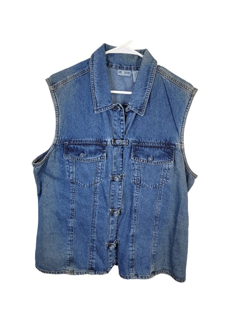 Vintage 90s Sleeveless Denim Jacket Women XL 14 Blue Jean Coat Retro Casual Fall